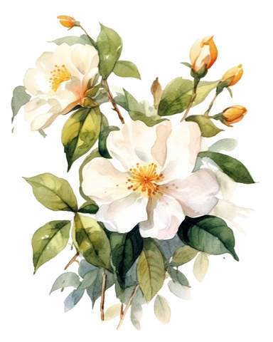 watercolor sketch of Tea Rose with white flower composition, clipart, clean and simple design, realistic color scheme, high-contrast image, white background,