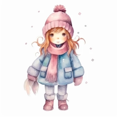 Set of watercolor cute little girl in winter clothes illustration for kids book, white backgroun, clipart, clean and crisp