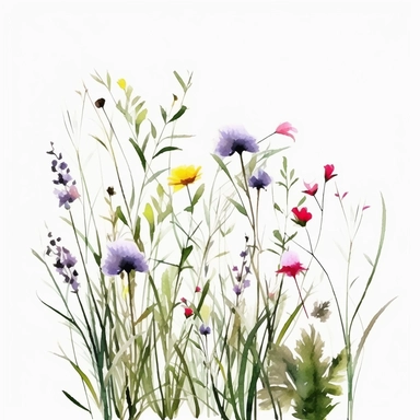 clean minimalistic wildflowers watercolor flower painting, in the style of watercolor landscapes, romantic and nostalgic themes, highly detailed and defined brush strokes of each stalk and grass and buds skillful clipart clean white background high contrast 16k resolution dark outlines