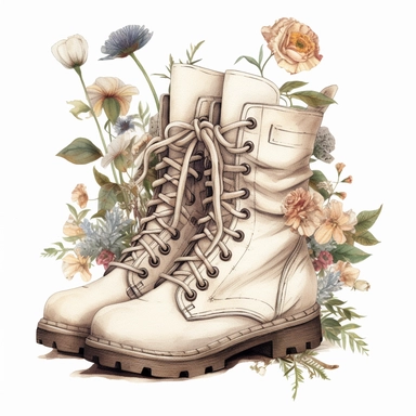 cottagecore clipart. white combat boots decorated with flowers. on a white background. cottagecore, feminine, frilly