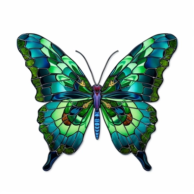 A green-dominated stained glass butterfly, its clipart form displaying a spectrum of lush and verdant hues in a detailed, hyper-realistic design white background