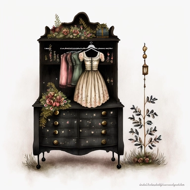 dark academia, christmas dresser, fairytale, folk art, watercolor, white background, clipart