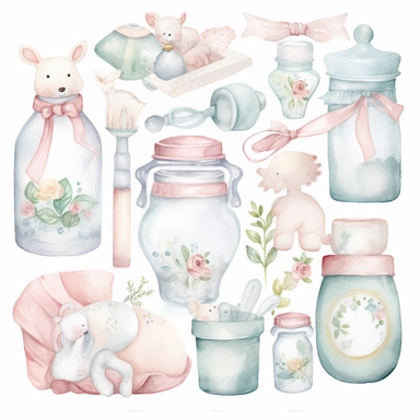 Create a watercolor clipart set featuring a variety of baby items, such as bottles, pacifiers, rattles, and blankets. Use soft, pastel colors and delicate lines to capture the innocence and sweetness of infancy, white background