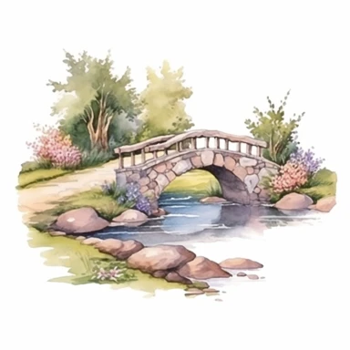 Clipart, isolated on white background, beautiful cute Watercolor Spring river with stone banks and stone bridge , forest woodland nature landscape scenery, plants and flowers, ornated, pastel colors