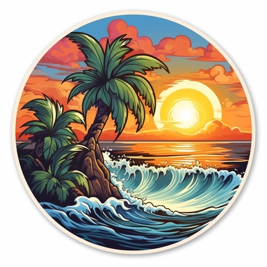 a sticker, artwork of t shirt graphic of majestic palm tree in digital painting style , beautiful flowers, sunrise mountains and clouds , big sea waves, water splashes, white background, colorful fantasy flower sorround, highly detailed clean, vector image, photorealistic masterpiece, professional photography, realistic, flat white background, isometric, vibrant vector, clipart, illustration, realism, 4k, , cinematic, front view, white background,