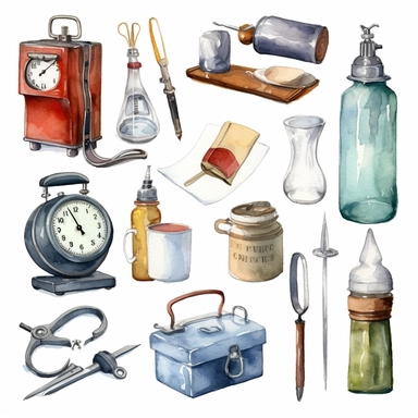 watercolor doctor related scenes  Medical Equipment Items for doctor's clinic, illustrations clipart set, simple, , cartoon elements ,different variants , nurse, doctor, stethtescope, mechanical body weighing scale, microscope, ,separate elements with a margin