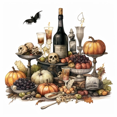 Simple, vintage Halloween party, clipart style, color pencil technique, super high quaility, high resolution on a white