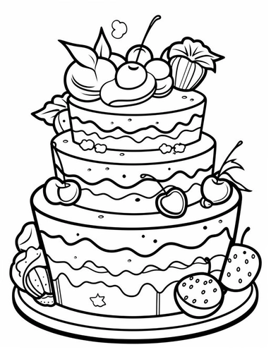 Kawaii-style layered cakes with colorful frosting and cute decorations like sprinkles and cherries For Simple Coloring page,line art, thick lines, black and white,clipart, illustration, on white background,margin Page 10px