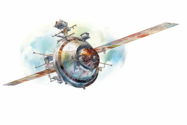 Watercolor, Create an illustration of a satellite in a Molniya orbit, optimized for communication in high latitudes with a highly elliptical orbit clipart, hd, on a white background, spaced out