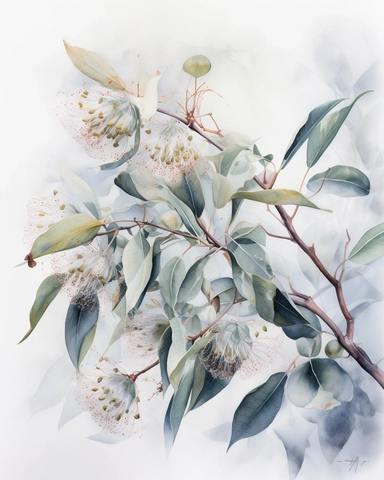 Watercolor Painting of Eucalyptus FLOWERS on white background beautiful multi - headed pale, Flora Design Patterns, Flemish Baroque by Rachel Ruysch, Behance, Rococo, Intricate Detailed, Soft Light Effect, Oil Paint Strokes, Light Academia Aesthetic Flowers, Lighting cinematic, all shown shimmering stamens, tyndall light, light effect, texture, colorful, 8k, fantasy, ray tracing, depth of field, vivid, spectacular lighting, octane rendering, highly detailed, ultra - realistic, white background, 