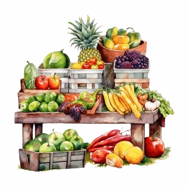 watercolor colorful clipart of a bountiful farmer's market, hd, on white background