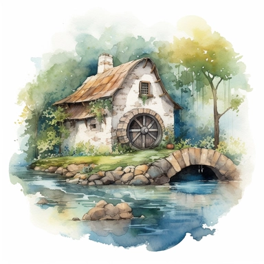 watercolor clipart artwork showcasing the beauty of an ancient medieval cottage surrounded by nature's tranquility. The cottage, situated alongside a calm and meandering river, features a charming waterwheel that turns gracefully, adding a touch of whimsy to the scene. The artist's meticulous attention to detail brings the rustic cottage to life, with textured stone walls, a thatched roof, and vibrant vegetation. Against a pure white background, the watercolor medium creates a soft and dreamy at