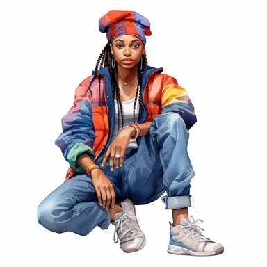 black, African American girl wearing 1990’s style urban streetwear clipart, watercolor style, hyper realistic, detailed, white background