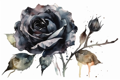 Halloween black rose Flower watercolor clipart, Delicate watercolor illustration, White background, Cozy, clear picture, 8k, hd, isolatee on a white background