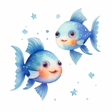clipart, cute cartoon, two identical fish, Pisces star sign, for illustrated zodiac, baby wall art, watercolor, isolated on a clean white background