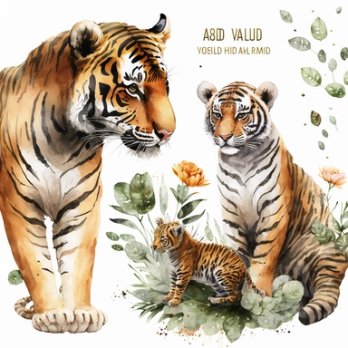 Mum & baby Animals Watercolor, Baby Animals, Tiger and baby tiger, watercolor clipart, Tropical, Africa, African Animals, watercolor clipart, baby shower, transparent background, png, high detail, 8k - d, 32k
