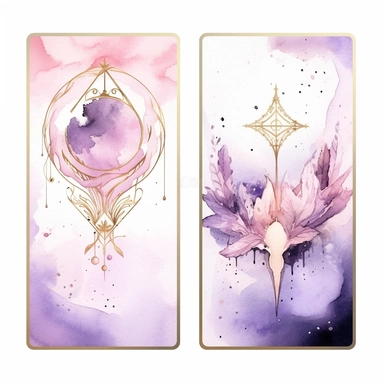 Tarot Cards, in the style of watercolor illustrations, pink and gold, soft lilac, magical and mystical, galaxy elements, modern minimal watercolor, on white background, clipart