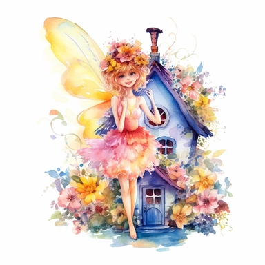 Clipart fairy girl with beautiful flowers, transparent wings, fantasy, watercolor paints, isolated objects on white background, fairy house, beautiful delicate pink and blue fancy colors, sunny yellow, orange, honey, k8
