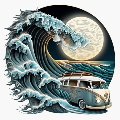 Create a mesmerizing image of a van navigating through a mystical wave, surfboards poised for action, with a magical full moon casting its luminous glow, contrasting beautifully against a white canvas, mystical, illustration style, white background, clipart, PNG pure white background, high resolution, hyper detailed, best quality, high detailed illustration