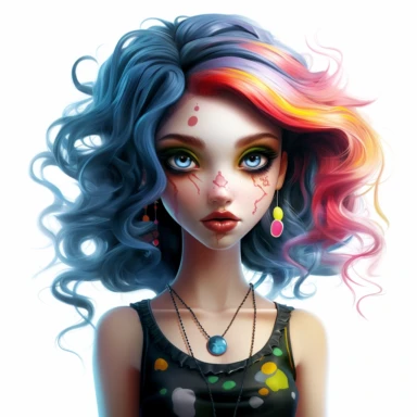 beautiful stunning pretty young woman monster high characters doll style, paint art style, clipart, white background, superrealistic, one of a kind