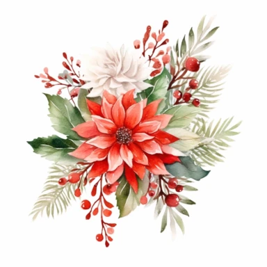 delicate floral watercolor christmas holiday greenery large full bouquets detailed clipart on white background. hand painted intricate. vibrant red and green festive colors.