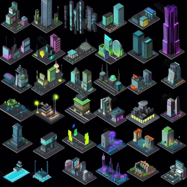 spritesheet of futuristic city buildings, isometric perspective, game sprite, sci-fi, fun, creative, cartoon, clipart, hyper-detailed, black background,