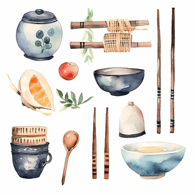 Watercolor 반찬, illustrations clipart set, simple, soft colors, cartoon elements, different variants,, porcelain elements, chopsticks , separate elements with a margin