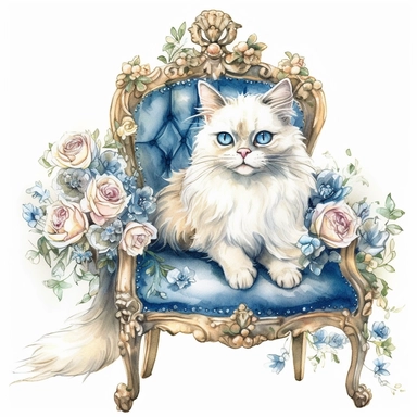 make a clipart of watercolor fairytale white fluffy princess cat with a gold jeweled tiara and blue eyes, laying on a blue victorian foot stool, and roses, rococo, shabby chic