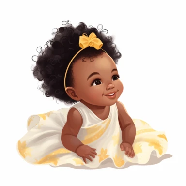 newborn black infant baby girl in a yellow dress, sideview, smiling, soft illustration, clipart