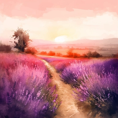 water color beautiful lavender field trail in Austria in summer, at sunset on a windy day, light pink colors, clipart, hd