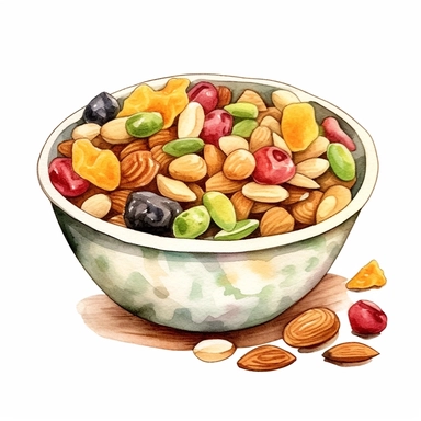 a delightful watercolor, hyper-realistic clipart image with a white background and white margins, showcasing a bowl of mixed nut trail mix with dried fruits and chocolate chips. The ultra-detailed, hand-drawn elements capture the variety of shapes, colors, and textures in the trail mix. Use whimsical touches to add a touch of adventure, and bold shades of various colors to evoke the energy and nourishment found in these portable and delicious snacks