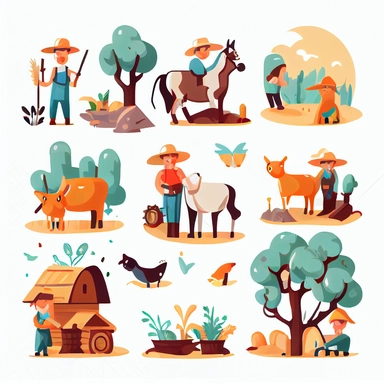 Cartoon farmers planting and care animals. Rural farmer working, gardener and agriculture person. Countryside, harvest season kicky vector clipart