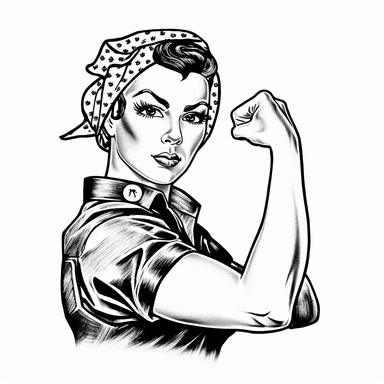 Rosie the Riveter, black and white clipart, perfect fist, no watermarks, vector quality, blank white background, highly detailed