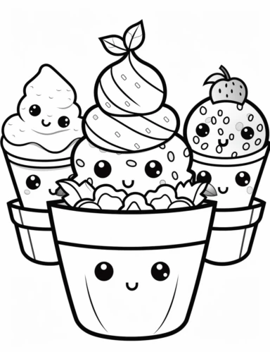 Kawaii Cake Icecream with delightful designs and flavors, like blueberry, chocolate chip, and banana For Simple Coloring page,line art, thick lines, black and white,clipart, illustration, on white background,margin Page 10px