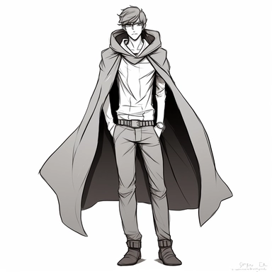 clipart sketch, young man with a lean, muscular build, faded haircut, piercing eyes, young appearance, black cloak, pants and boots, gege Akutami, facial expressions, joy