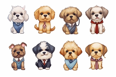 9 sets of a cute baby puppies Munchkin, smile,round face,round head,Wearing a tie,different poses,different breeds, clipart, isolated on white background, spaced out,