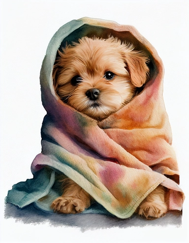 baby dog in a blanket, watercolor clipart, transparent background,