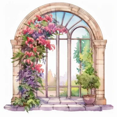 a watercolor realistic arch window opened and you can see colorful flowers outside clipart