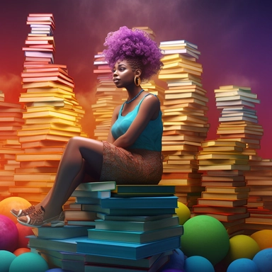 imagination, Clipart illustration of afro cosmepolitian woman sitting on top of books, realistic in the style of nene thomas, 100k background, Abstract, Colorful, beautifully color - coded, beautifully color graded, Unreal Engine, Cinematic, Color Grading, Editorial Photography, Photography, Photoshoot, Shot on 70mm lense, Depth of Field, DOF, Tilt Blur, Shutter Speed 1/ 1000, F/ 22, White Balance, 32k, Super - Resolution, Megapixel, ProPhoto RGB, VR, Lonely, Good, Massive, Halfrear Lighting, Ba