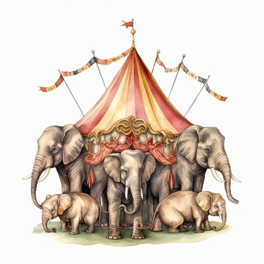 hand drawn vintage circus elephant pyramid, glamorous, soft, detailed and realistic, watercolor, clipart style, white background with margins