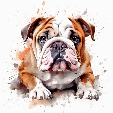 cute English Bulldog dog portrait, full face, centered shot, side shot, dynamically posed, in action, playful mood, happy mood, playing mood, cute face, adorable smile, childlike eyes, clean watercolor illustration, white background, nursery baby imagery, painting, detailed, 8k, PNG, clipart,