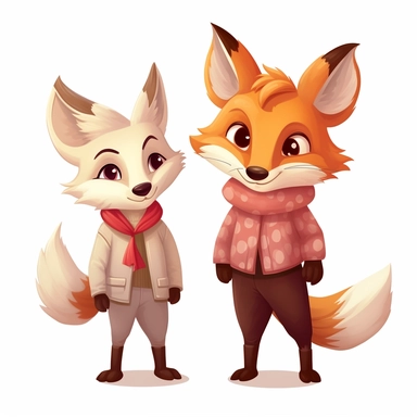 2 foxes, male, female, standing next to each other, cartoon, childrens book sytle, clipart, white background