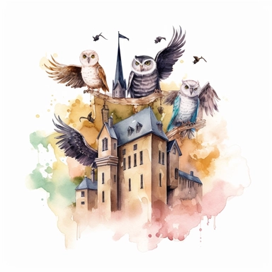 wizarding school, birds, vector art, simple, cartoon,2d,pastel watercolor, clipart