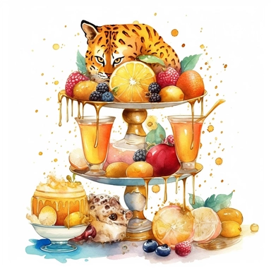 sweet colorful, gold, watercolor, honey Lemons Clipart, Macaroon,cupcake, variety of fruit juice drippin, on luxury stand, luxury Icon Set, with cheetah, detailed, isolated white background, hand painting , single design