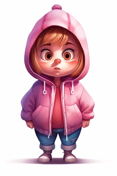 4 year old cartoon Pretty, cute cartoon chubby girl, wearing pink hoodie with sad face, staring at the floor. Pixar childrens book cartoon style, detailed, modern, urban, watercolor, full color, flat color, white background, children book illustration. Watercolor clipart. Pixar animation