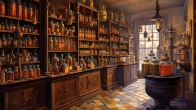 illustration, realistic interior of a vintage bengalore 1896 perfumery and pharmacy with some perfume bottle boxes incense boxes, atmospheric nighttime with ambient lamp lighting, Clipart, watercolor, realistic, full building, highly detailed, hdr, 32K, photo expert quality, watercolor realistic, hyperrealistic and highly detailed
