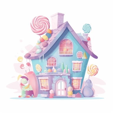 a little house made of delicious candy, bright pastel colours, baby pinks, light blues, light purples, clipart, white background