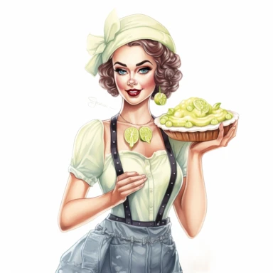 hand drawn pin up woman, wearing a bakers hat, light blue and white striped apron, holding a key lime pie anf limes, glamorous, half body, very detailed and realistic, watercolor, white background with margins, clipart style