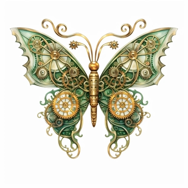 A delicate butterfly with wings detailed with intricate clockwork gears and cogs, with its colors echoing the shine of gold and green watercolour clipart, white background, no watermarks