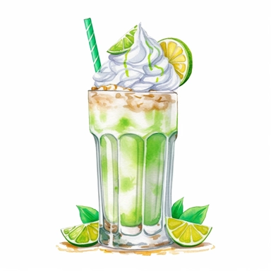 watercolor style, bright green and white milkshake in a long glass, decorated with whipped cream and a slice of lime with yellow straws clipart, very soft style, on white background